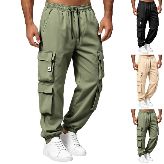 Tqyyweavej Mens Casual Cargo Pants Drawstring Versatile Hiking Joggers Elastic Waist Solid Color Baggy Sweatpants with Multi Pockets