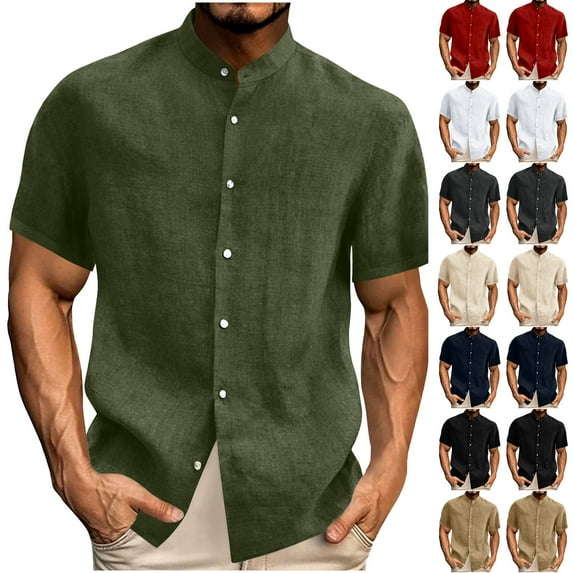 Tqyyweavej Mens Linen Shirts Btton Down Lounge Solid Color T-Shirts Vintage Comfy Short Sleeve Tees Tops with Hood Size S to 2XL