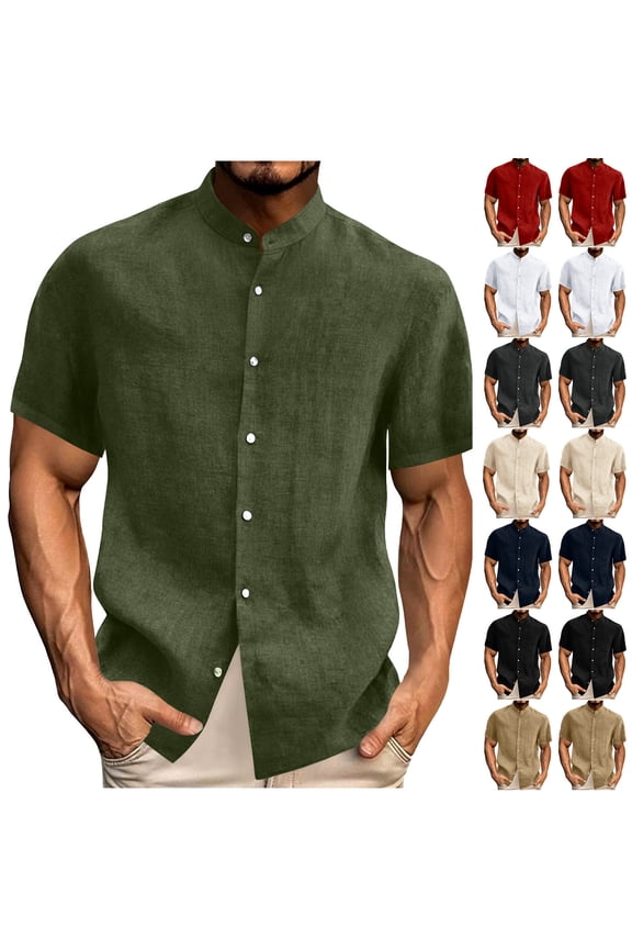 Mens Linen Shirts Btton Down Lounge Solid Color T-Shirts Vintage Comfy Short Sleeve Tees Tops with Hood Size S to 2XL