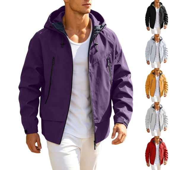 Tqyyweavej Mens Rain Jacket Waterproof Windproof Outdoor Raincoat with Zip Pocekts Hooded Drawstring Windbreaker for Hiking, Cycling, Fishing