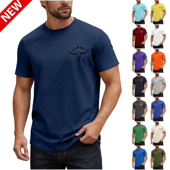 Tqyyweavej Mens Shirts Cotton Cow Skull Graphic Solid Color Short Sleeve T-Shirts Basic Stylish Crewneck Tees Tops Size S to 2XL