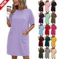 thumbnail image 1 of Tqyyweavej Nightgowns for Women Loose Fit Solid Color Tshirt Dress Short Sleeve Round Neck Sleepwear Pajamas Dress with Pockets, 1 of 7