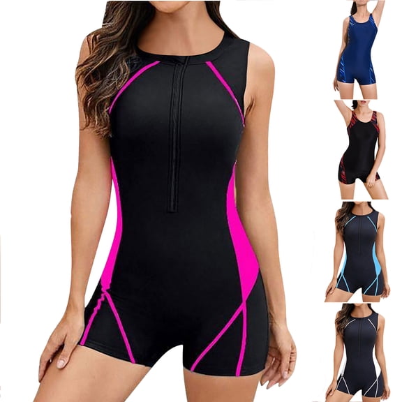 Tqyyweavej One Piece Swim Suits for Women Tummy Control Stripe Crew Neck Bathing Suits Solid Color Sleeveless Beach Swimwear with Bra