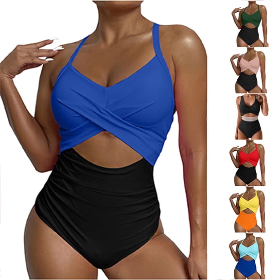 Tqyyweavej One Piece Swimsuits for Women Spaghetti Strap Criss Cross Pleated Bathing Suits Deep V Neck Color Block Cutout Swimwear S-2XL