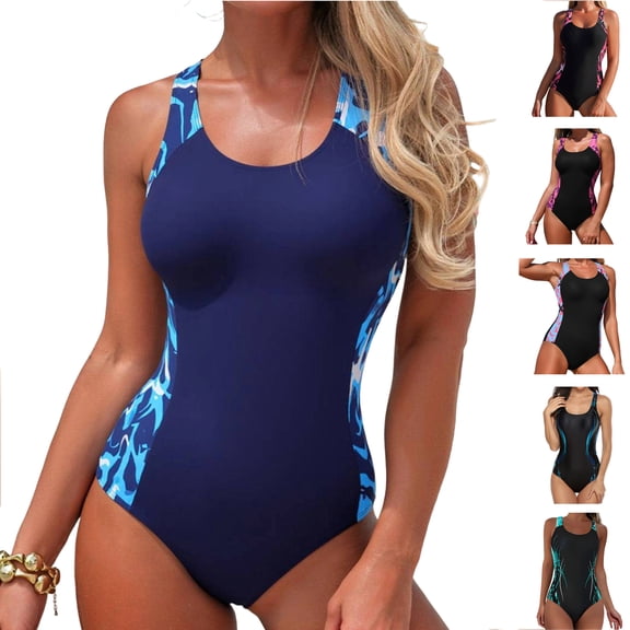 Tqyyweavej One Piece Swimsuits for Women Tummy Control Scoop Neck Color Block Bathing Suits Cutout Sleeveless Tight Beach Swimwear with Bra