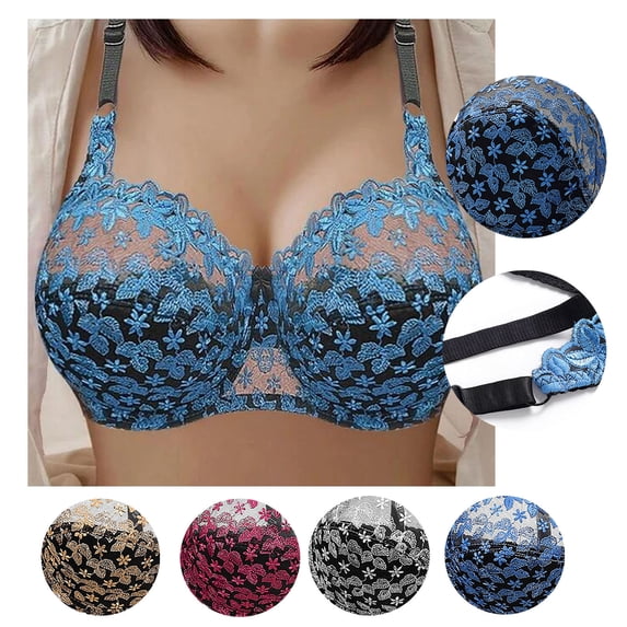 Tqyyweavej Oversized Supportive Bras for Women Lace Embroidered Underwire Lingerie Bras Lightly Lined Breathable Demi Bras