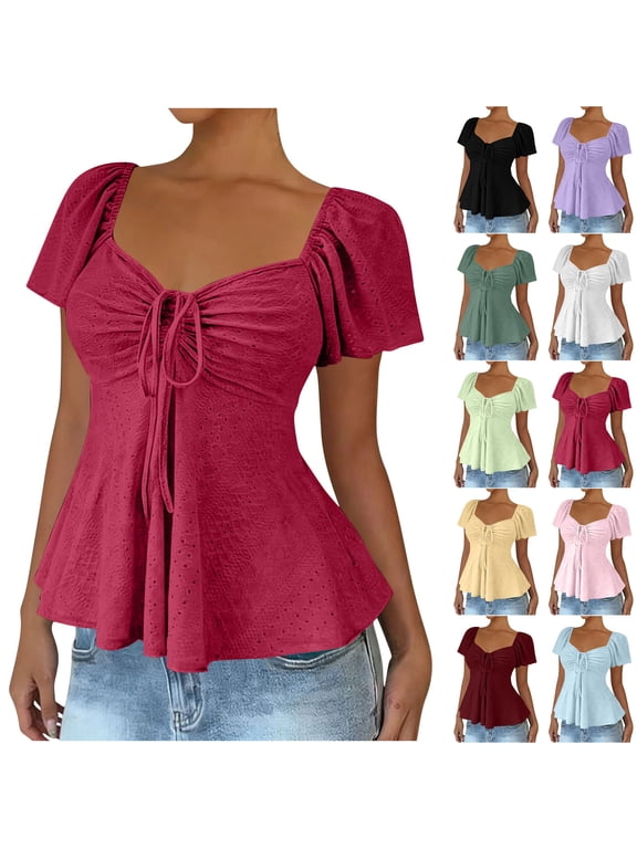 Peplum Tops for Women Eyelet Tie Front Solid Color Flutter Sleeve Blouses Pleated Cinched V Neck Shirts Size S to 2XL
