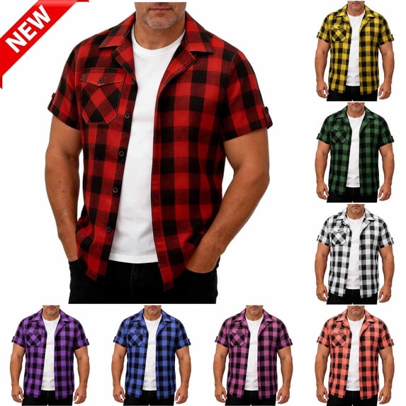 Tqyyweavej Plaid Shirts for Men Lapel Collar Short Sleeve Lounge Jackets Botton Down Color Block Tees Tops with Pocket Szie S to 3XL