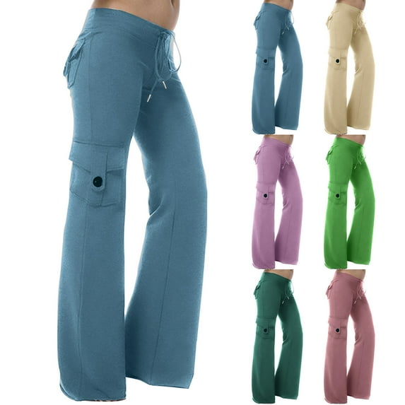 Tqyyweavej Plus Cargo Pants for Women Drawstring Solid Color Stretch Casual Trousers Wide Leg Athletic Loose Yoga Pants with Pockets