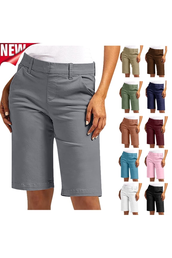 Plus Size Bermuda Shorts for Women 12" Knee Length Oversized Solid Color Dressy Pull-On Straight Leg Shorts with Pockets