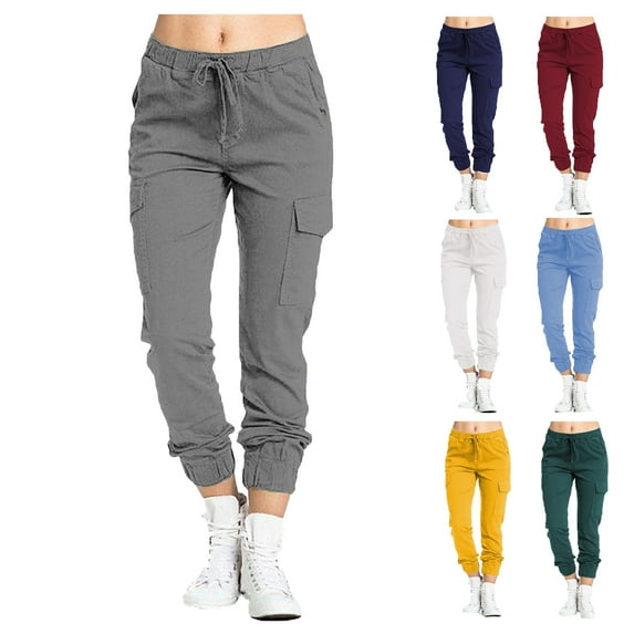 Tqyyweavej Plus Size Cargo Pants for Women Elastic Bottom Drawstring Lounge Tapered Trousers Slim Solid Color Pants with Pockets