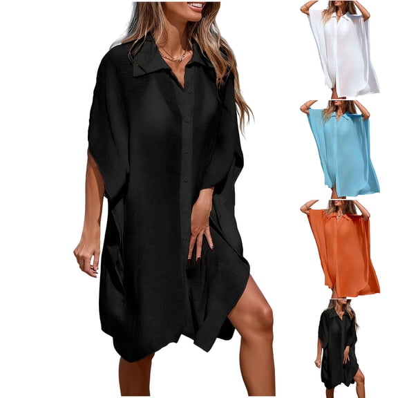 Tqyyweavej Plus Size Cover Ups for Swimwear Women Botton Down Solid Color Beach Cover Up Free Size Loose V Neck Swim Coverup