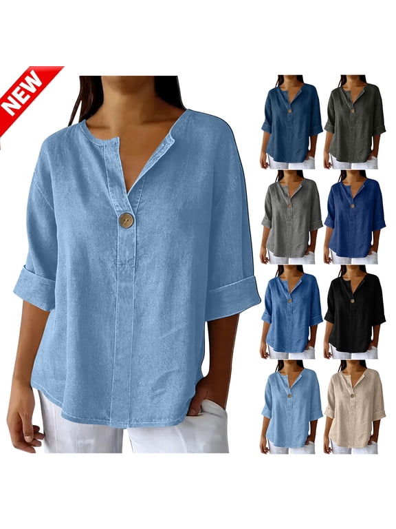 Plus Size Henley Shirts for Women Oversized Solid Color Loose V-Neck Blouses Folded Hem Button Half Sleeve Going Out Tops
