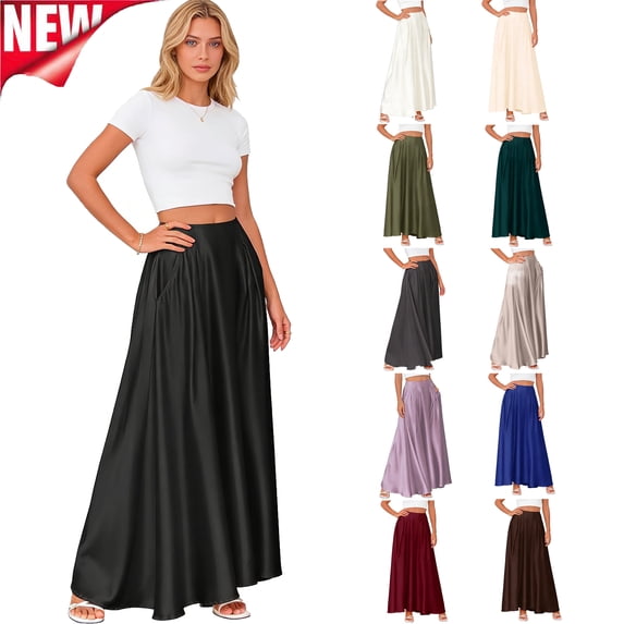 Tqyyweavej Satin Maxi Skirt for Women High Rise A-Line Solid Color Skirt Flowy Elastic Waist Stylish Skirts with Pockets S-2XL