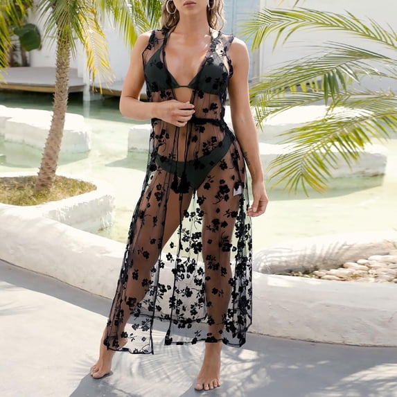 Tqyyweavej Sexy Cover Ups for Swimwear Women Lace Sleeveless Swimsuit Cover Up Sheer Free Size Loose Popular Swimsuits Bikini Coverups