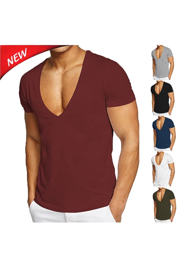 Shirts for Men Moisture Wicking Deep V Neck Workout T-Shirts Short Sleeve Solid Color Breathable Tees Tops Size M to 3XL