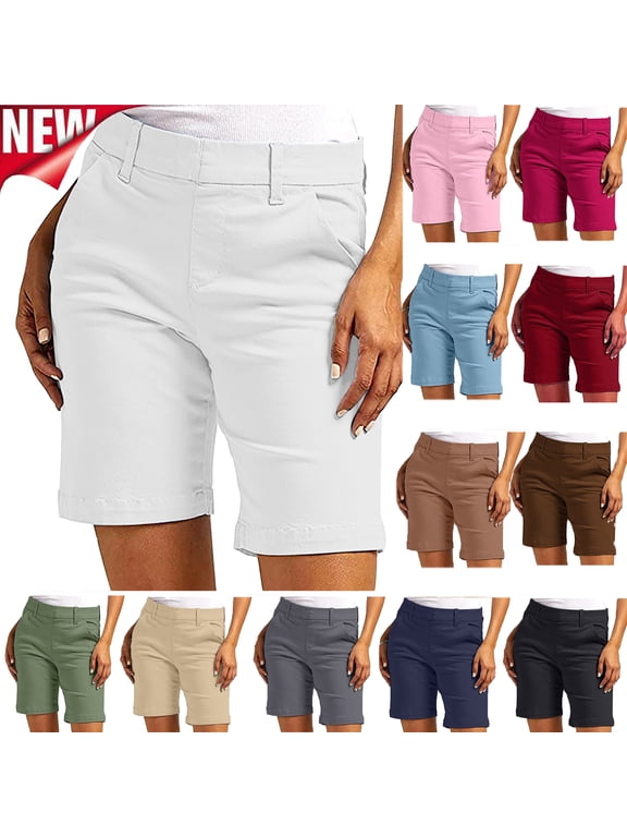Shorts for Women Pull-On Solid Color Baggy Mid Waist Dressy Straight Leg Casual Slim Shorts with Pockets Size S to 2XL