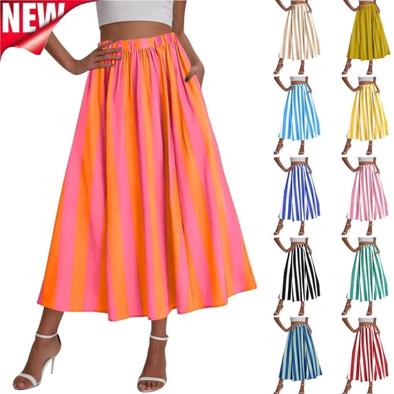 Tqyyweavej Skirts for Women Stripe A-Line High Rise Color Block Midi Skirt Flowy Elastic Waist Lounge Skirts for Beach Vacation