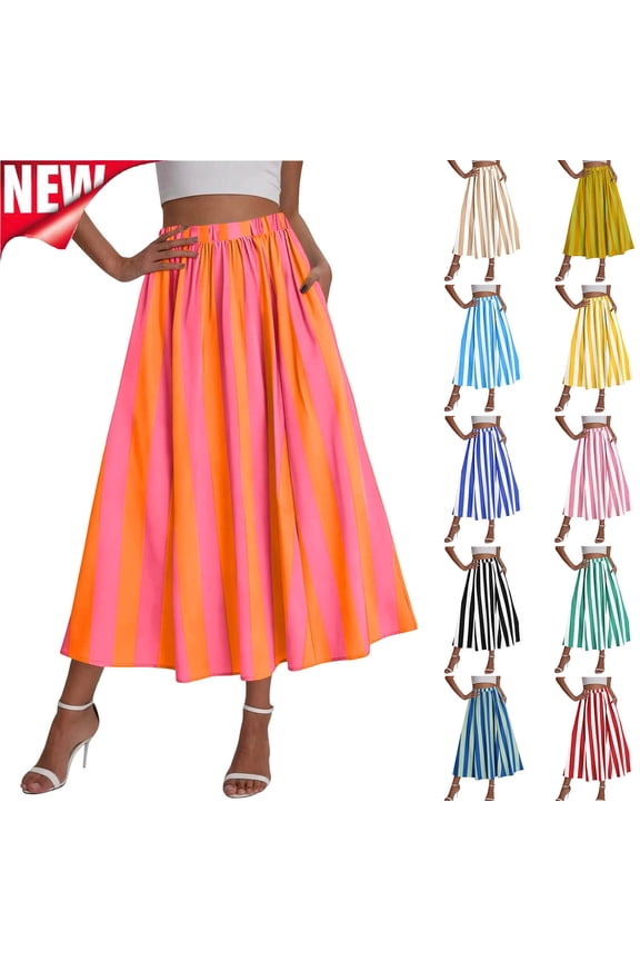 Skirts for Women Stripe A-Line High Rise Color Block Midi Skirt Flowy Elastic Waist Lounge Skirts for Beach Vacation