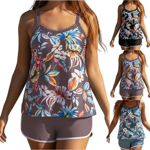 Tqyyweavej Spaghetti Strap Tankini Swim Suits for Women Floral Square Neck Loose Tankini Top and Color Block Casual Swim Pants with Sports Bra