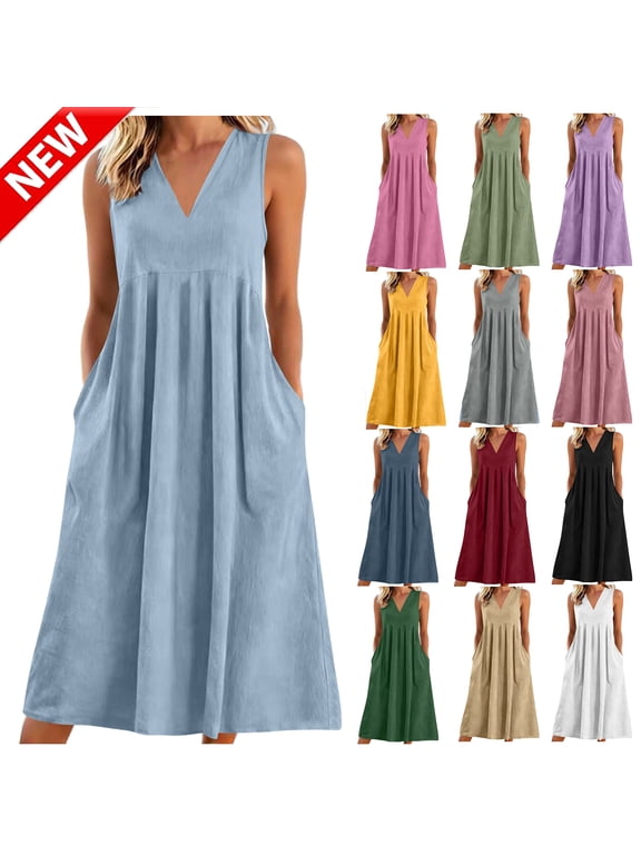 Summer Dresses for Women Linen Pleated Sleeveless Midi Dress A-Line Solid Color V Neck Dress with Pockets Size S to 2XL