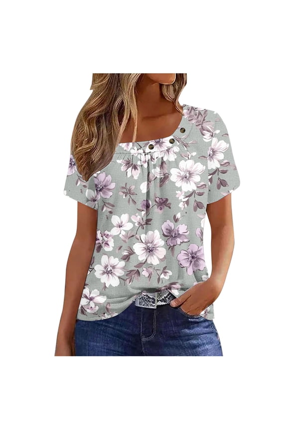 Summer Tops for Women Pleated Pattern Square Neck Blouses Button Color Block Short Sleeve Beach Summer Shirts S-3XL