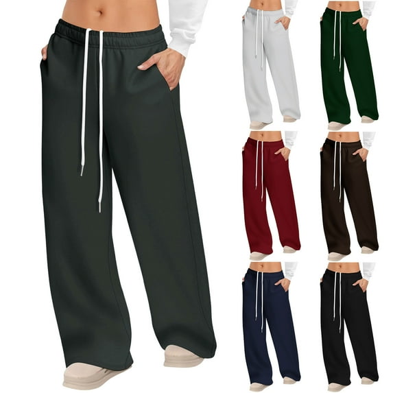 Tqyyweavej Sweat Pants for Women Drawstring Athletic Wide Leg Trousers Straight Leg Solid Color Stretch Pants with Pockets S-2XL