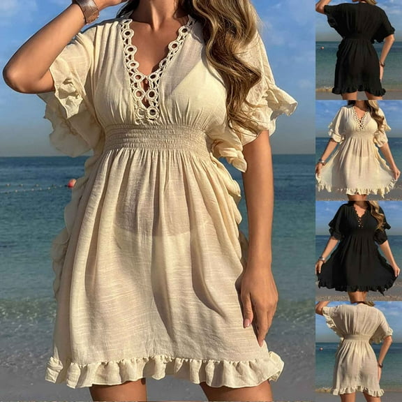 Tqyyweavej Swimsuit Cover Up Dresses for Women Hollow Out Sheer Short Sleeve Bathing Suits Coverups Slim Solid Color Free Size Beach Cover Up