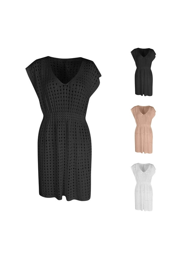 Swimsuit Crochet Cover Up Dresses Hollow Out Slim V Neck Swim Coverup Solid Color Short Length Sleeve Cover Ups for Swimwear Women