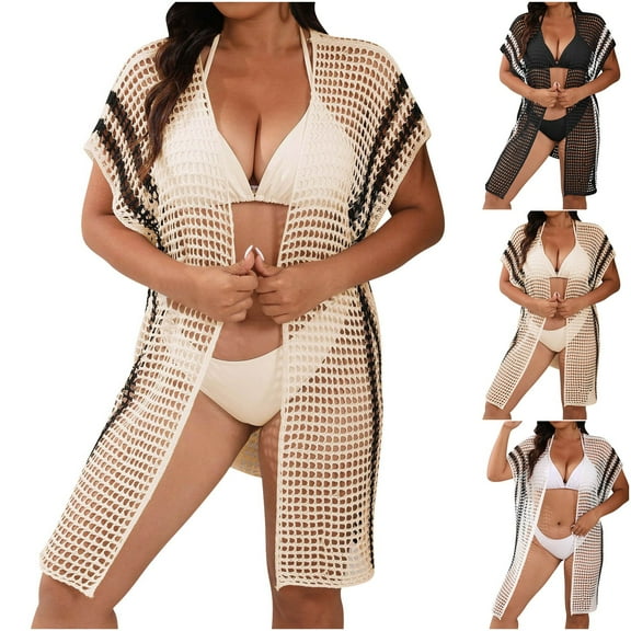 Tqyyweavej Swimsuit Crochet Cover Up for Women Stripe Hollow Out Sleeveless Bathing Suits Coverups Loose Solid Color Free Size Beach Cover Up
