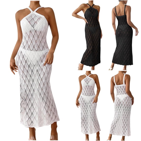 Tqyyweavej Swimsuit Halter Cover Up Dresses for Women Sheer Hollow Out Solid Color Bathing Suit Coverups Slim Sleeveless V Neck Beach Cover Up
