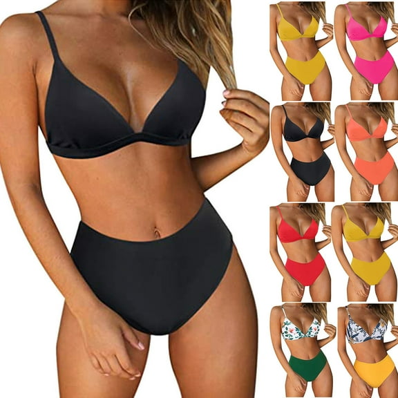 Tqyyweavej Triangle Bikini Sets for Women Spaghetti Strap Deep V Neck Sleeveless Bikini Tops and Solid Color Summer Bathing Bottoms S-XL
