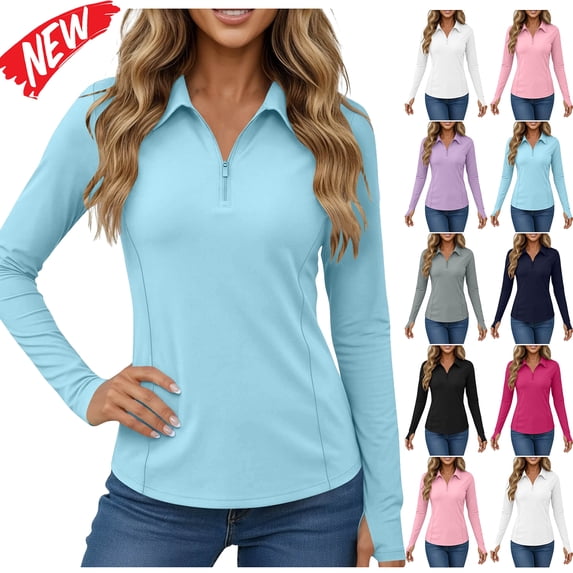 Tqyyweavej UPF 50+ SPF Long Sleeve Shirts for Women Quarter Zip Lapel Collar Rash Guard Slim Sun Protection Workout Tops for Hiking