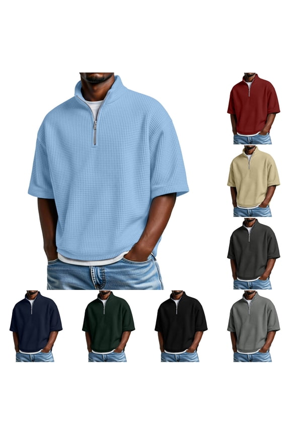 Waffle Shirts for Men Turtleneck Quarter-Zip Baggy Pullover Solid Color Casual Short Sleeve Tees Tops Size S to 3XL