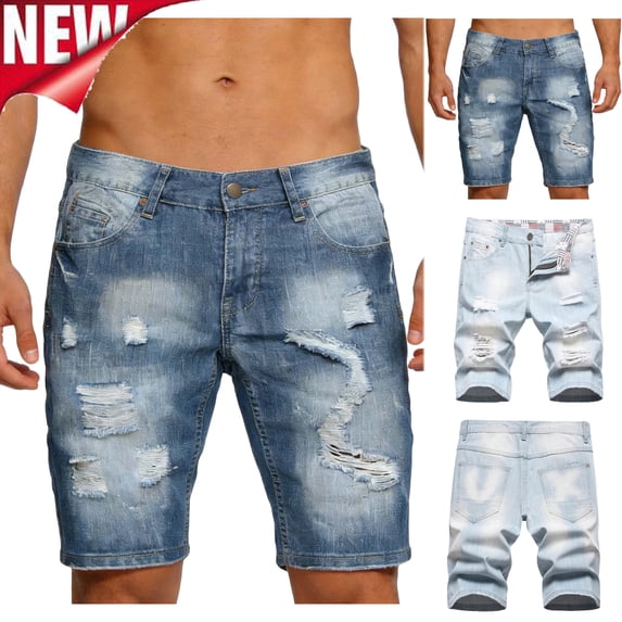 Tqyyweavej Wash Denim Shorts for Men Distressed Stretchy Loose Denim Shorts Ripped Casual Summer Jean Shorts with Pockets