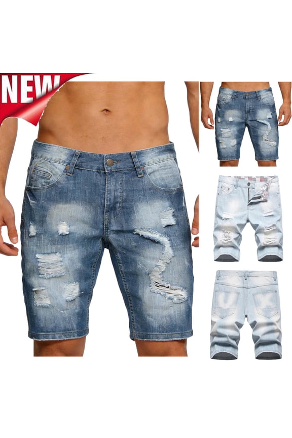 Wash Denim Shorts for Men Distressed Stretchy Loose Denim Shorts Ripped Casual Summer Jean Shorts with Pockets