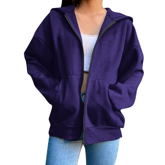 Tqyyweavej Women Casual Full Zip Up Hoodie Basic Lightweight Long Sleeve Sweatshirt Purple Jacket With Pockets
