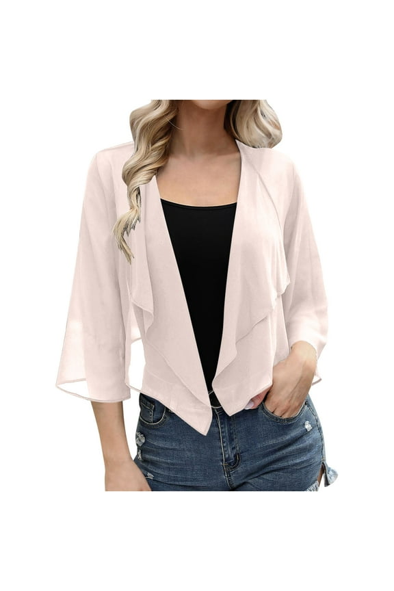 Women Chiffon Kimono Cardigan Dressy 3/4 Puff Sleeve Elegant Summer Beach Cover Up Sheer Capes Open Front Casual Shrug Blouse Tops