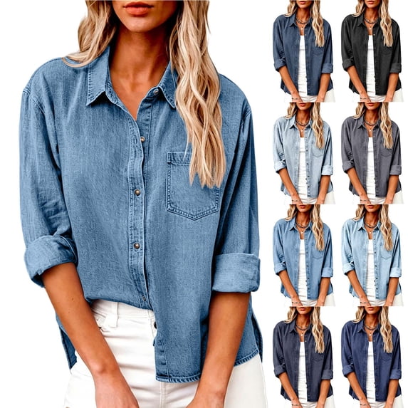 Tqyyweavej Women Denim Shirts Button Down Loose Fit Long Sleeve Jacket Lounge Solid Color Lapel V Neck Jean Tops with Pockets