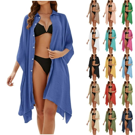 Tqyyweavej Women Swimsuit Cover Up Button Down 3/4 Length Sleeve Shirts Free Size Solid Color Loose Swimsuit Coverup for Women