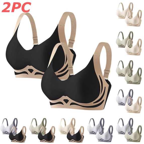 Tqyyweavej Women's 2 Pack Push Up Bras Full Coverage Side Smoothing Sports Bras Seamless Everyday Breathable T-Shirt Bras Size M to 3XL