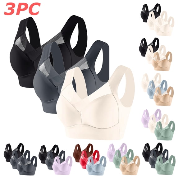 Tqyyweavej Women's 3 Pack Sports Bras Sheer Full Coverage Side Smoothing Wireless Bras Lightly Lined Breathable Everyday Bras L-6XL