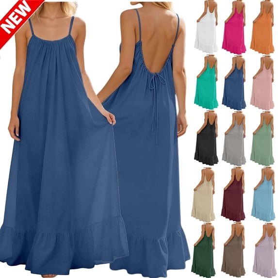 Tqyyweavej Women's Backless Cami Dresses Linen A-Line Flowy Solid Color Dress Spaghetti Strap Back Tie Maxi Dress with Ruffle Hem Summer Dresses for Women