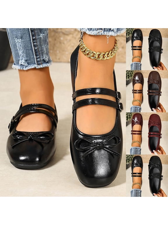 Women's Ballet Mary Jane Flats Square Toe Double Buckle Strap Dressy Ballet Flats Versatile Comfy Flat Shoes with Bow for Daily Work Office