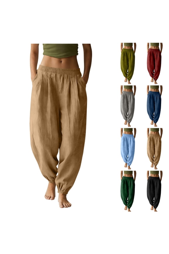 Women's Barrel Pants Pleated Elastic Waist Baggy Pants Close Bottom Solid Color Linen Pants Women with Pockets S-2XL
