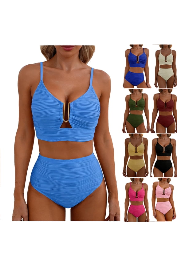 Women's Bikini Sets Cutout Spaghetti Strap V Neck U-Wire Swimwear Tops and Solid Color Rib High Waisted Swim Bottoms with Bra