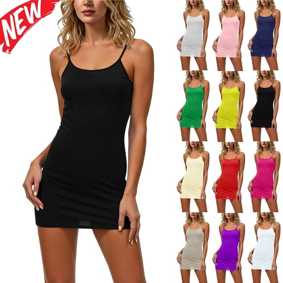 Tqyyweavej Women's Cami Dress Bodycon Lightweight Spaghetti Strap Mini Dress Sleeveless Solid Color Crewneck Summer Dresses for Women