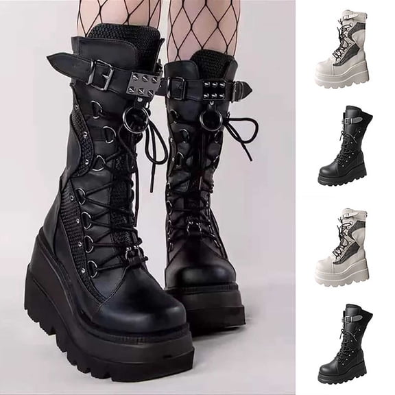 Tqyyweavej Women's Combat Riding Wedge Platform Oversized Knee High Booties Buckle Lace Up Lug Sole Gothic Motorcycle Boots for Women
