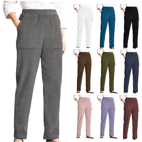 Tqyyweavej Women's Corduroy Pants Elastic Waist Wide Leg Lounge Tapered Trousers Solid Color Baggy Pants with Pockets Gifts for Women