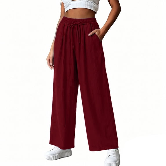 Tqyyweavej Women's Cotton Linen Palazzo Pants Drawstring Pleated Straight Leg Trousers Wide Leg Solid Color Flowy Pants with Pockets